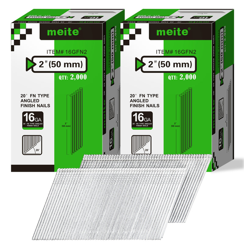 Two retail boxes of Meite USA 2 inch 50 mm 16 gauge 20 degree angled finish nails, 2,000 galvanized nails per box