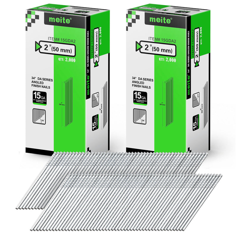 Two retail boxes of Meite USA 2 inch 50 mm 15 gauge 34 degree angled finish nails, 2,000 galvanized nails per box