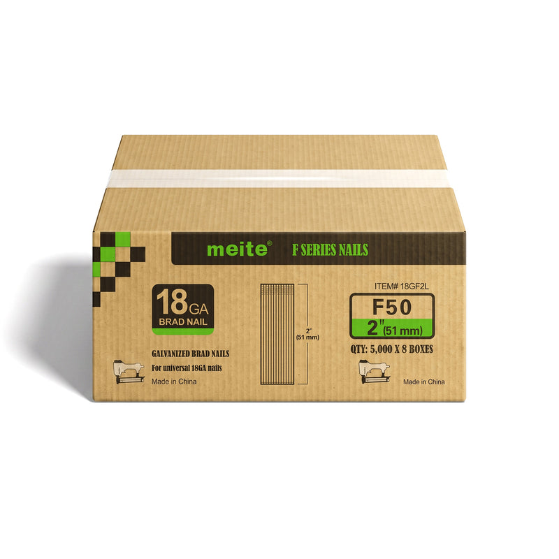 One case of meite USA 18 gauge, 2-inch galvanized brad nails containing 8 boxes and 40,000 nails total, on a white background