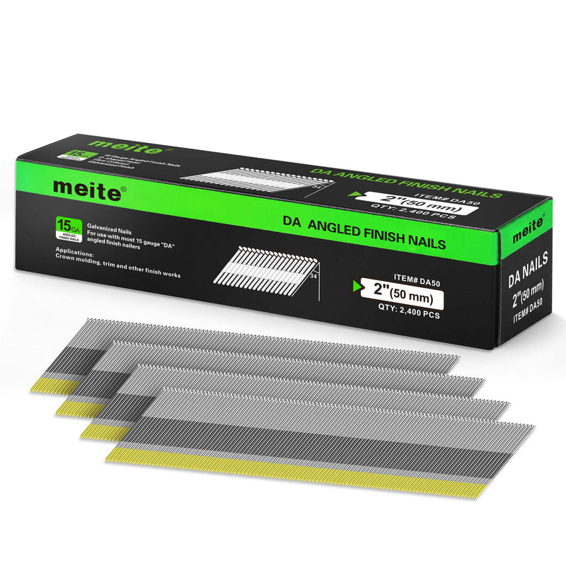 Meite USA 2 inch 50 mm D-head angled finish nails with galvanized glue-collated strips and 2,400-count retail box