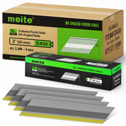 Case of Meite USA 2 inch D-head angled finish nails containing 8 retail boxes of 2,400 nails each, with one inner box displayed