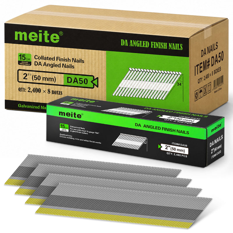 Case of Meite USA 2 inch D-head angled finish nails containing 8 retail boxes of 2,400 nails each, with one inner box displayed