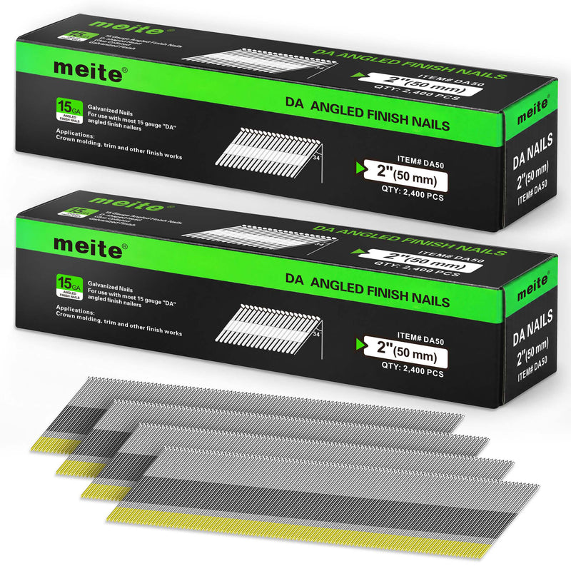Two retail boxes of Meite USA 2 inch 15 gauge 34 degree D-head angled finish nails, 2,400 galvanized nails per box