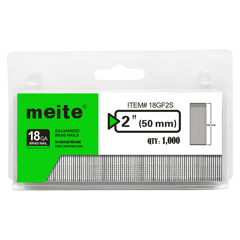 One pack of meite USA 18 gauge galvanized brad nails with 2-inch length and 1,000 nails on a white background