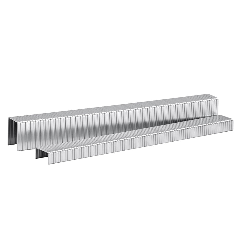 Two strips of meite USA 20 gauge T50 galvanized staples with 3/8-inch crown in different leg lengths on a white background