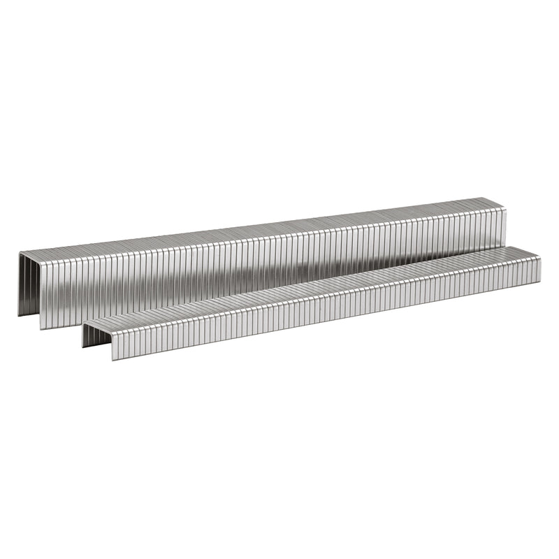 Two strips of meite USA 20 gauge T50 304 stainless steel staples in different leg lengths on a white background