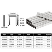 Size guide for meite USA 20 gauge T50 304 stainless steel staples with 3/8-inch crown and 1/4 to 9/16-inch leg lengths