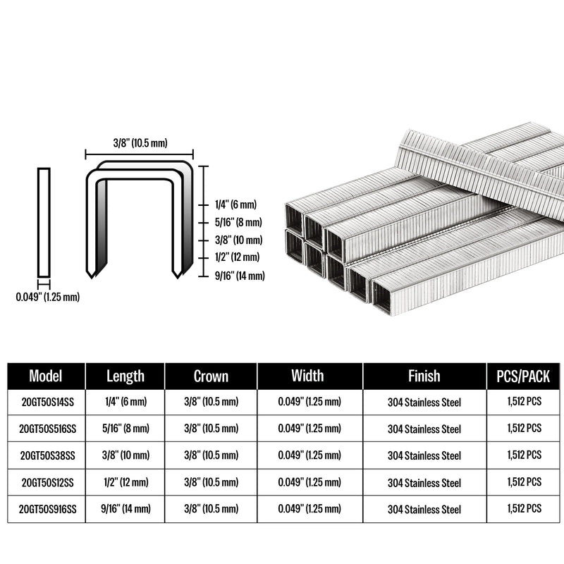 Size guide for meite USA 20 gauge T50 304 stainless steel staples with 3/8-inch crown and 1/4 to 9/16-inch leg lengths