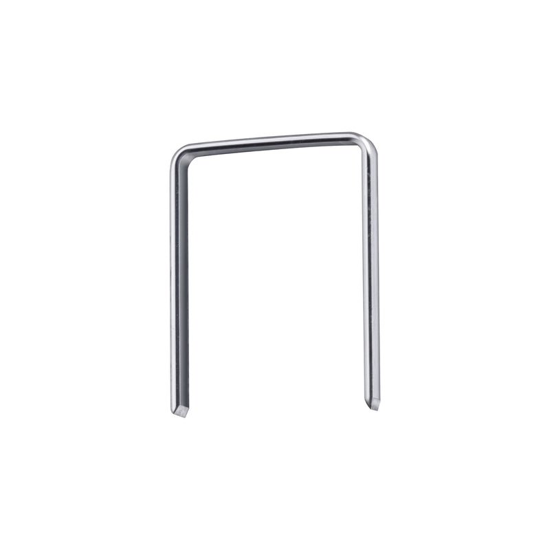 Close-up of a single meite USA 20 gauge T50 staple showing its 3/8-inch crown and chisel-point legs on a white background