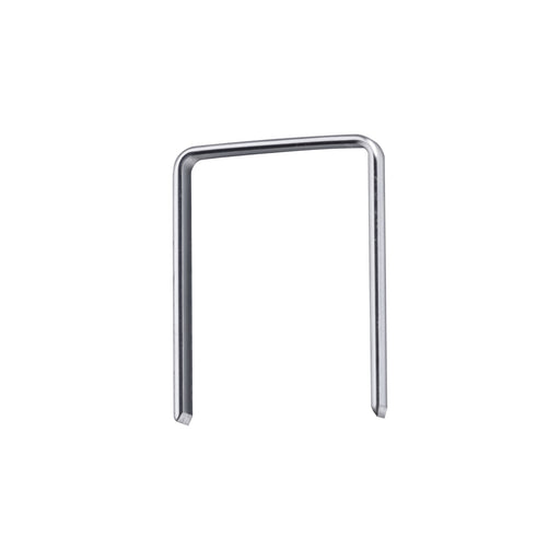 Close-up of a single meite USA 20 gauge T50 staple showing its 3/8-inch crown and chisel-point legs on a white background