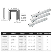 Size and specification guide for meite USA 20 gauge T50 staples with 3/8-inch crown and 1/4 to 9/16-inch leg lengths