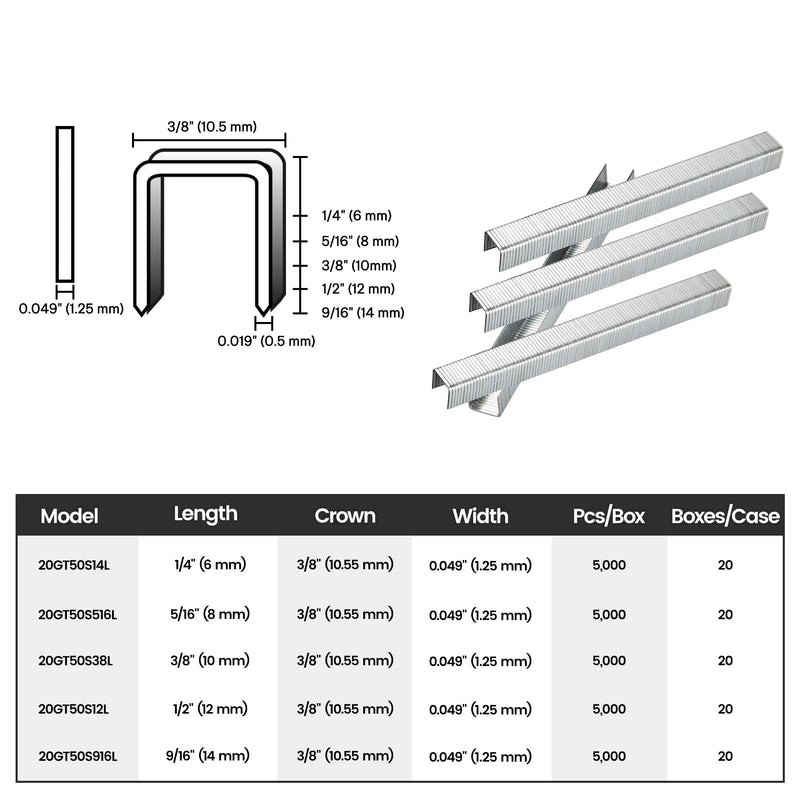 Size and specification guide for meite USA 20 gauge T50 staples with 3/8-inch crown and 1/4 to 9/16-inch leg lengths