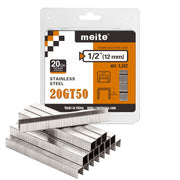 One retail pack and staple strips of meite USA 20GT50S12SS 20 gauge T50 304 stainless steel staples with 3/8-inch crown and 1/2-inch legs, 1,512 count, on a white background