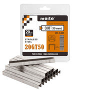 One retail pack and staple strips of meite USA 20 gauge T50 304 stainless steel staples with 3/8-inch crown and 3/8-inch legs, 1,512 count, on a white background