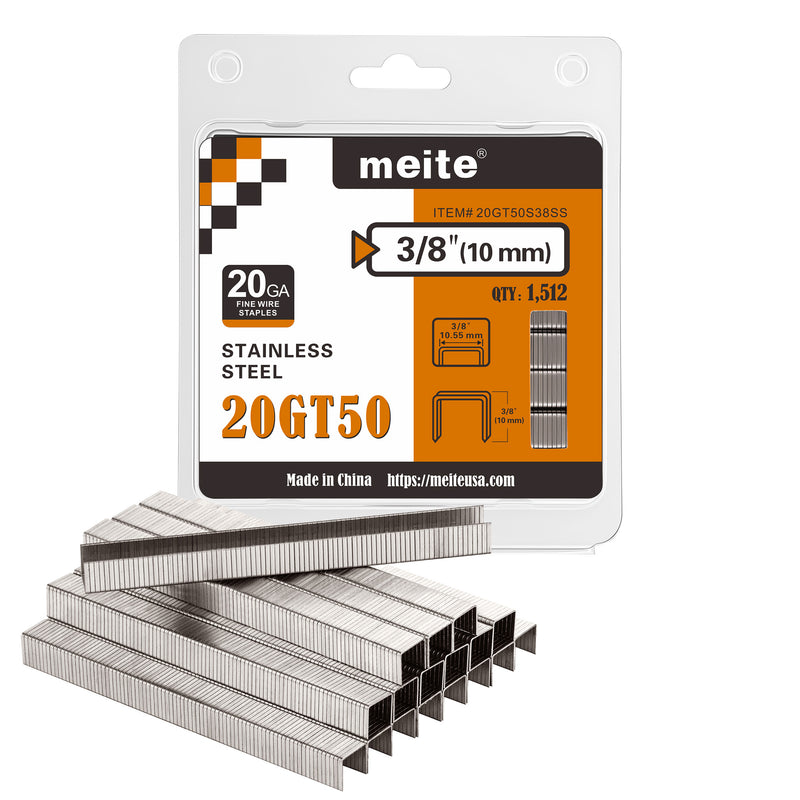 One retail pack and staple strips of meite USA 20 gauge T50 304 stainless steel staples with 3/8-inch crown and 3/8-inch legs, 1,512 count, on a white background