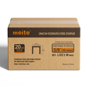 One sealed case of meite USA 20 gauge T50 304 stainless steel staples with 3/8-inch crown and 3/8-inch legs, containing 30 packs and 45,360 staples total, on a white background