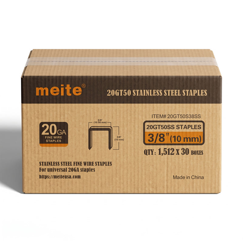 One sealed case of meite USA 20 gauge T50 304 stainless steel staples with 3/8-inch crown and 3/8-inch legs, containing 30 packs and 45,360 staples total, on a white background