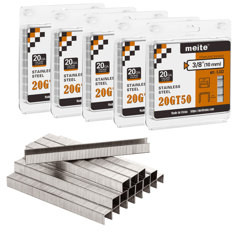 Five retail packs of meite USA 20 gauge T50 304 stainless steel staples with 3/8-inch crown and 3/8-inch legs, 1,512 per pack and 7,560 total, on a white background