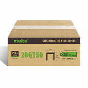 One sealed case of meite USA 20 gauge T50 staples with 3/8-inch crown and 3/8-inch legs, containing 20 boxes and 100,000 staples total, on a white background