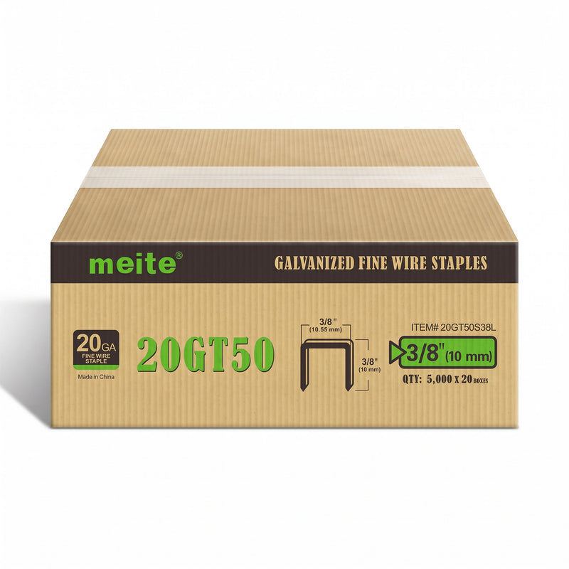 One sealed case of meite USA 20 gauge T50 staples with 3/8-inch crown and 3/8-inch legs, containing 20 boxes and 100,000 staples total, on a white background