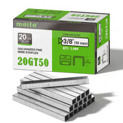 One box and staple strips of meite USA 20 gauge T50 staples with 3/8-inch crown and 3/8-inch legs, 5,000 count, on a white background