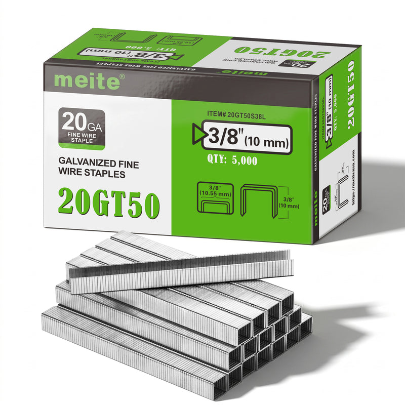 One box and staple strips of meite USA 20 gauge T50 staples with 3/8-inch crown and 3/8-inch legs, 5,000 count, on a white background