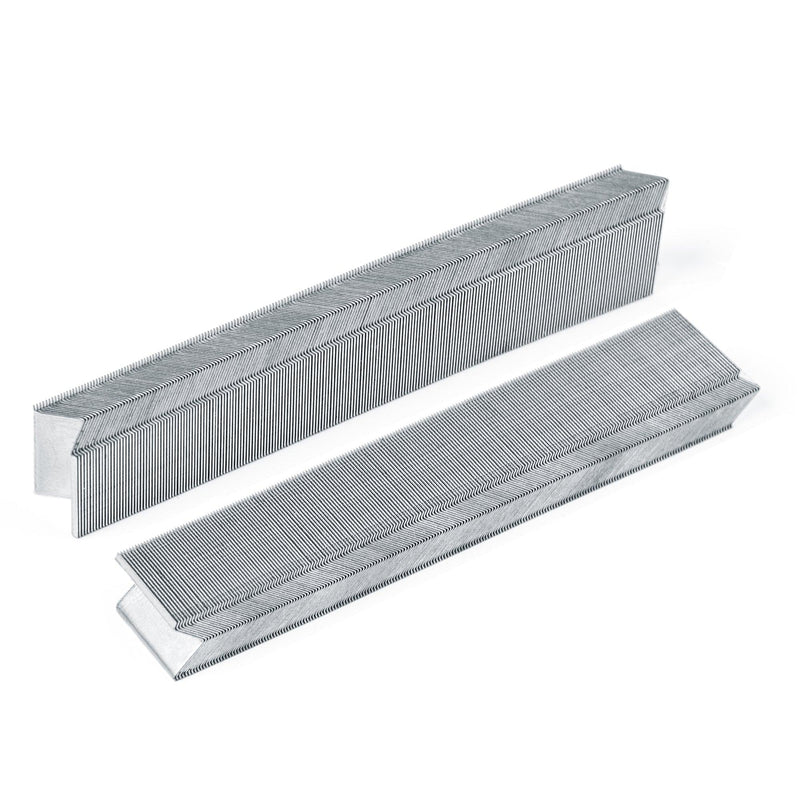 Two strips of meite USA 30 gauge hardwood V-nails for joining picture frame corners on a white background