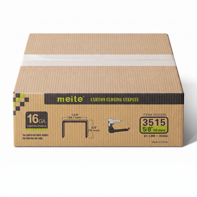 One sealed case of meite USA 16 gauge, 1-3/8-inch crown, 5/8-inch carton closing staples containing 10 boxes and 20,000 staples total on a white background