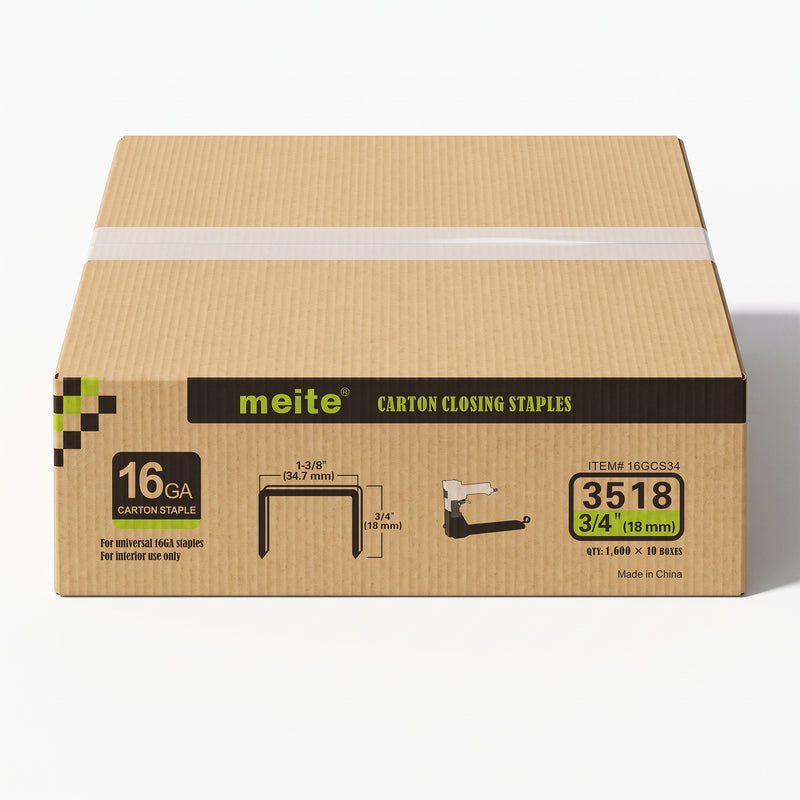 One sealed case of meite USA 16 gauge, 1-3/8-inch crown, 3/4-inch carton closing staples containing 10 boxes and 16,000 staples total on a white background