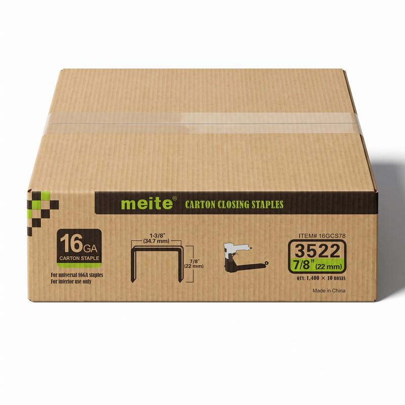 One sealed case of meite USA 16 gauge, 1-3/8-inch crown, 7/8-inch carton closing staples containing 10 boxes and 14,000 staples total on a white background