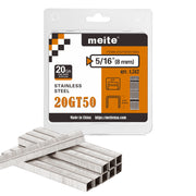 One retail pack and staple strips of meite USA 20 gauge T50 304 stainless steel staples with 3/8-inch crown and 5/16-inch legs, 1,512 count, on a white background