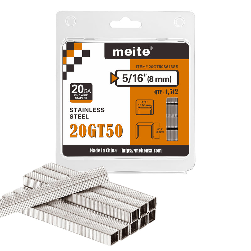 One retail pack and staple strips of meite USA 20 gauge T50 304 stainless steel staples with 3/8-inch crown and 5/16-inch legs, 1,512 count, on a white background