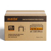 One sealed case of meite USA 20 gauge T50 304 stainless steel staples with 3/8-inch crown and 5/16-inch legs, containing 30 packs and 45,360 staples total, on a white background