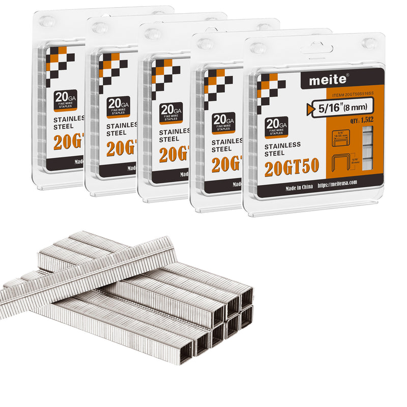 Five retail packs of meite USA 20 gauge T50 304 stainless steel staples with 3/8-inch crown and 5/16-inch legs, 1,512 per pack and 7,560 total, on a white background
