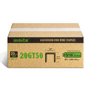 One sealed case of meite USA 20 gauge T50 staples with 3/8-inch crown and 5/16-inch legs, containing 20 boxes and 100,000 staples total, on a white background