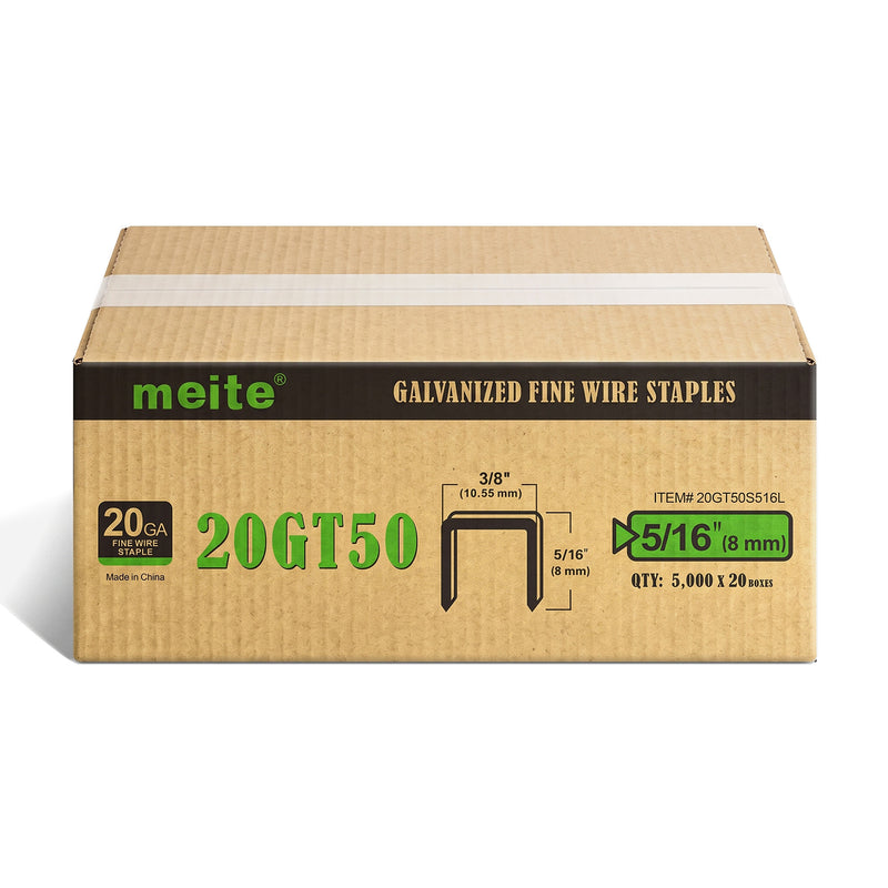 One sealed case of meite USA 20 gauge T50 staples with 3/8-inch crown and 5/16-inch legs, containing 20 boxes and 100,000 staples total, on a white background