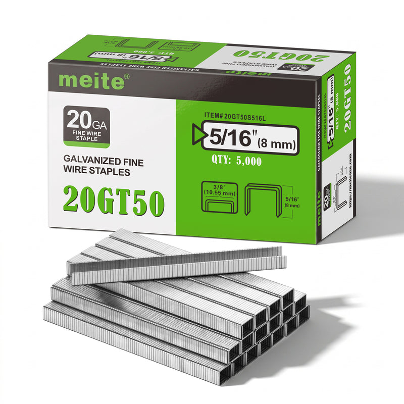 One box and staple strips of meite USA 20 gauge T50 staples with 3/8-inch crown and 5/16-inch legs, 5,000 count, on a white background