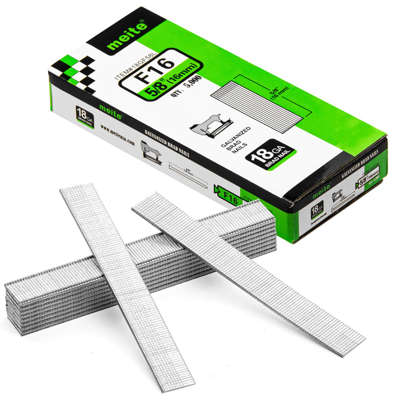 One box and nail strips of meite USA 18 gauge galvanized brad nails with 5/8-inch length and 5,000 nails on a white background