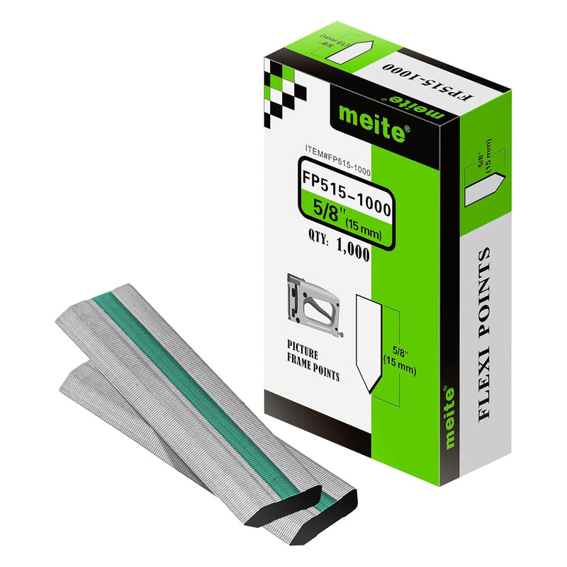 One box and strips of meite USA 5/8-inch flexible picture frame points, 1,000 count, on a white background