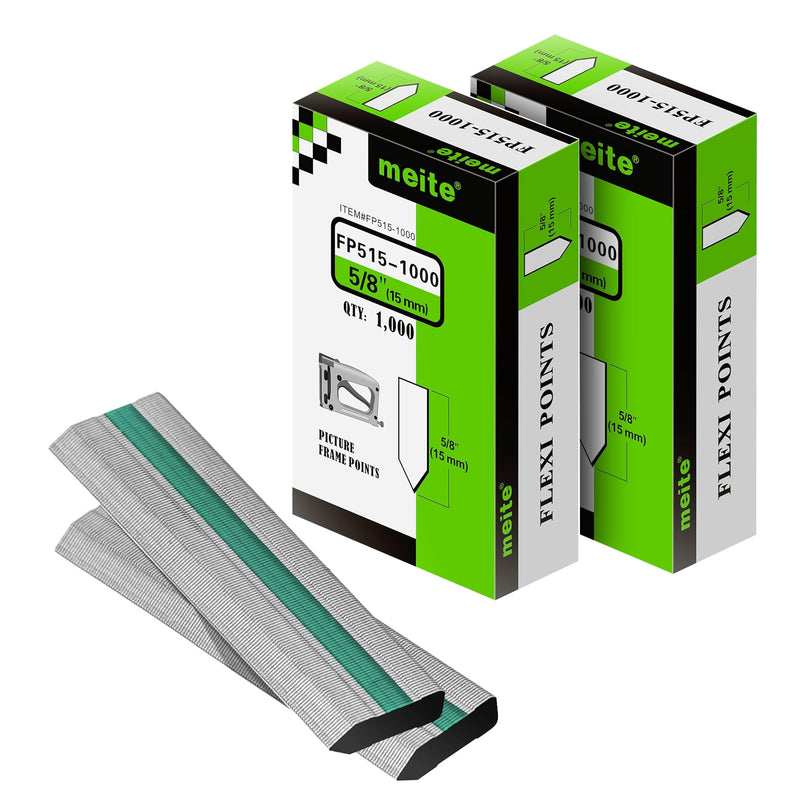 Two boxes and strips of meite USA 5/8-inch flexible picture frame points with 1,000 per box and 2,000 total, on a white background