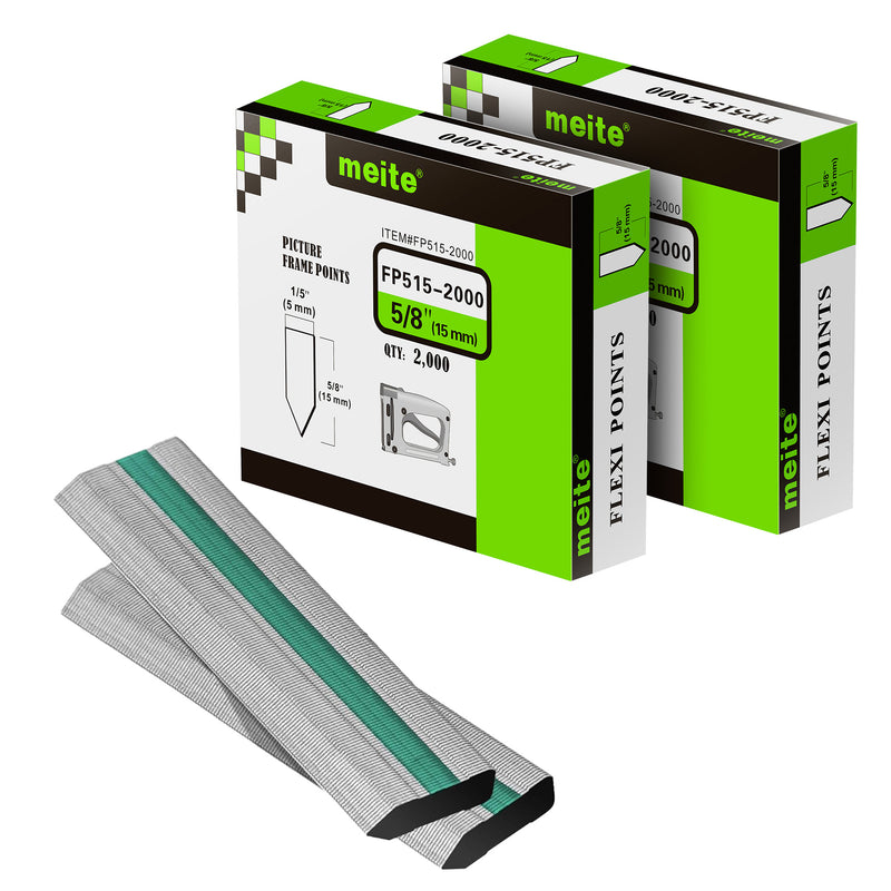 Two boxes and strips of meite USA 5/8-inch flexible picture frame points with 2,000 per box and 4,000 total, on a white background