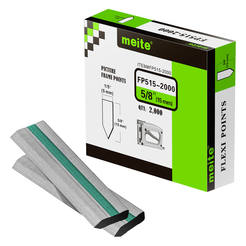 One box and strips of meite USA 5/8-inch flexible picture frame points, 2,000 count, on a white background
