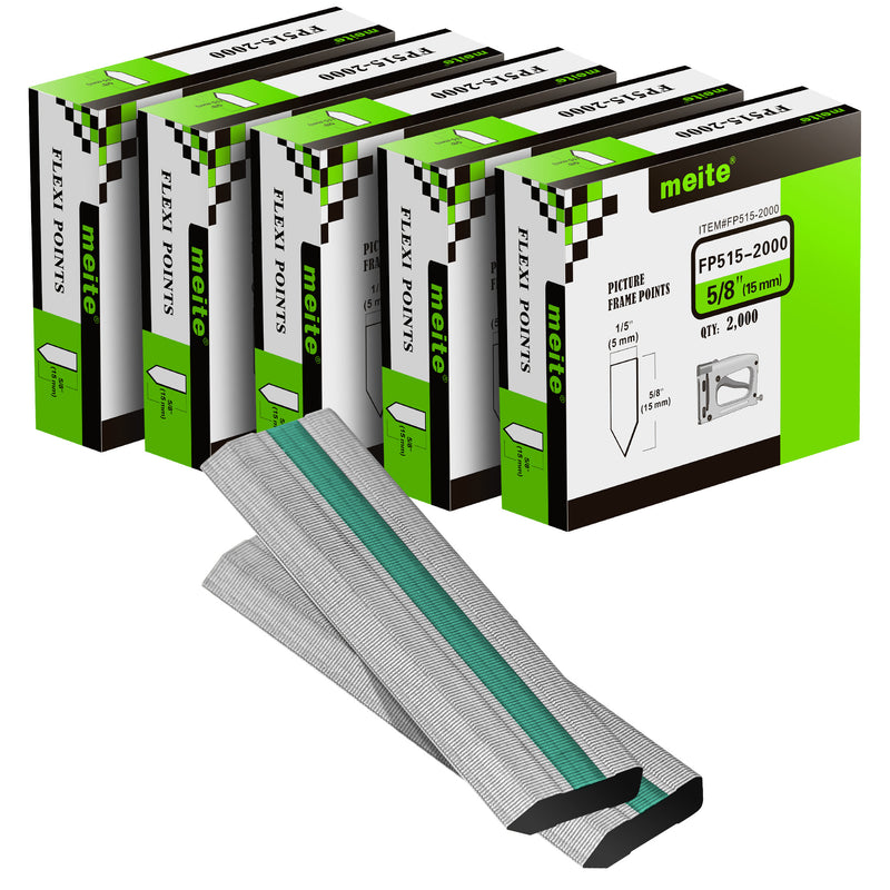 Five boxes and strips of meite USA 5/8-inch flexible picture frame points with 2,000 per box and 10,000 total, on a white background