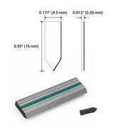 Size guide for meite USA flexible picture frame points showing 0.59-inch length, 0.177-inch width and 0.013-inch thickness