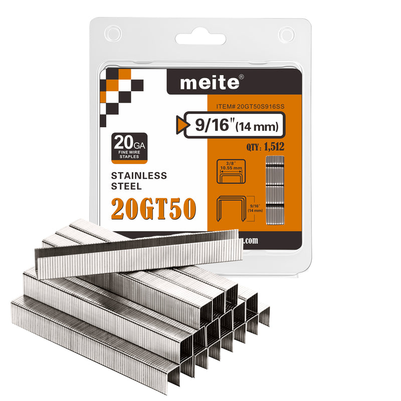 One retail pack and staple strips of meite USA 20 gauge T50 304 stainless steel staples with 3/8-inch crown and 9/16-inch legs, 1,512 count, on a white background