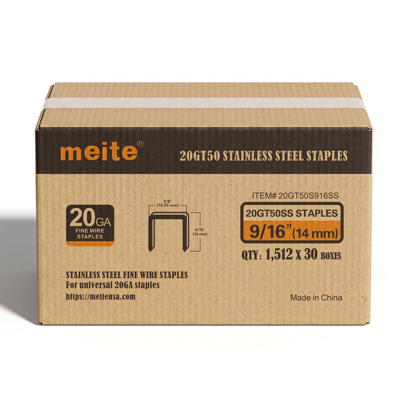 One sealed case of meite USA 20 gauge T50 304 stainless steel staples with 3/8-inch crown and 9/16-inch legs, containing 30 packs and 45,360 staples total, on a white background