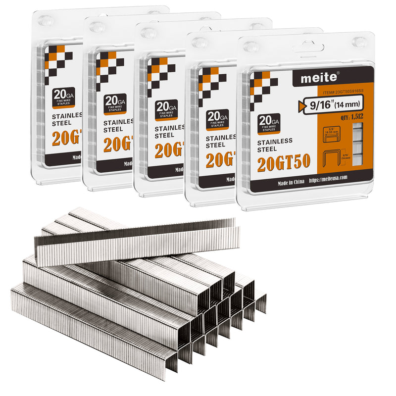 Five retail packs of meite USA 20 gauge T50 304 stainless steel staples with 3/8-inch crown and 9/16-inch legs, 1,512 per pack and 7,560 total, on a white background