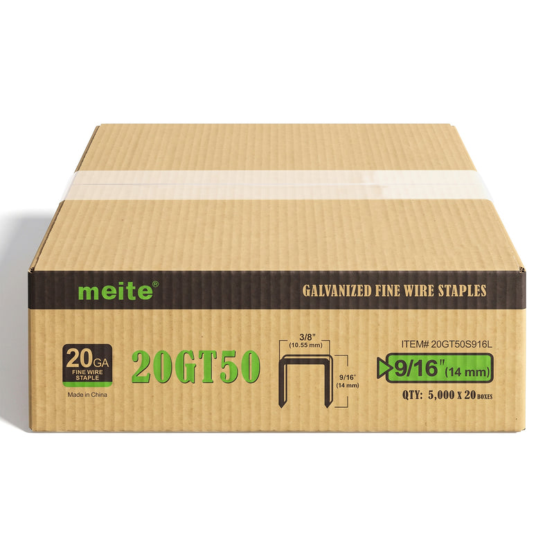 One sealed case of meite USA 20 gauge T50 staples with 3/8-inch crown and 9/16-inch legs, containing 20 boxes and 100,000 staples total, on a white background