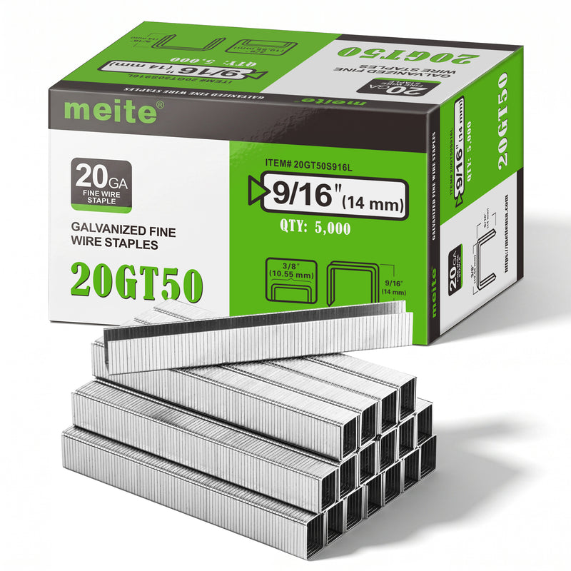 One box and staple strips of meite USA 20 gauge T50 staples with 3/8-inch crown and 9/16-inch legs, 5,000 count, on a white background