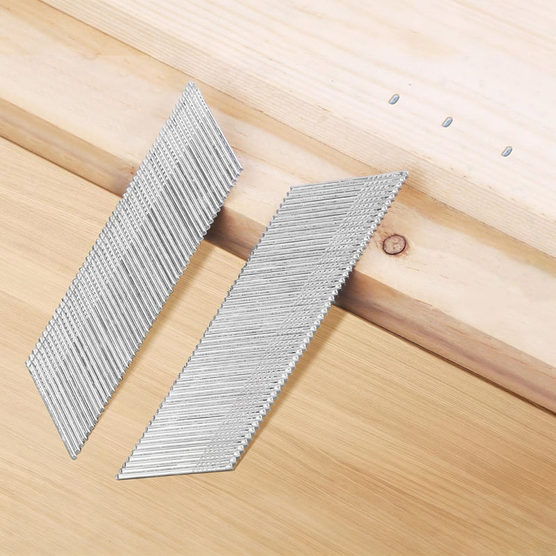 Meite USA 15 gauge collated angled finish nails displayed on wood with galvanized strips and installed nail heads
